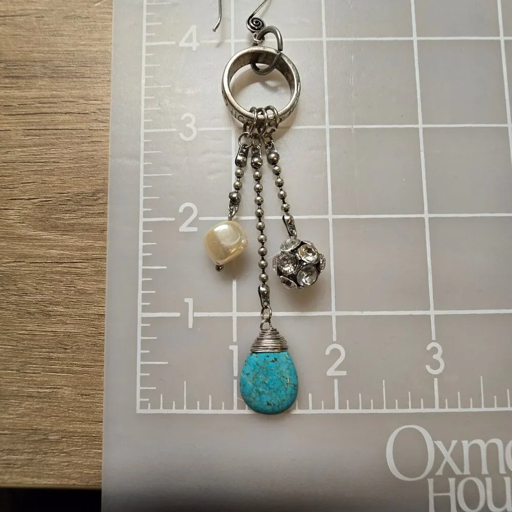5'  Silver Dangle Earrings Turquoise Drops Faux Pearl & Crystal Accents LONG - Picture 6 of 6